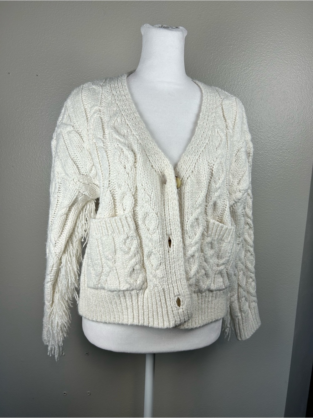 Altar'd State Cream Cable-Knit Frindge Boho Cardigan size XS